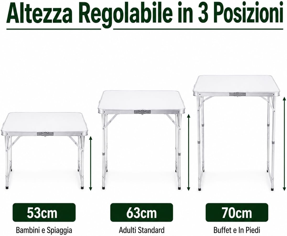 Set Tavolo + 4 Sedie Campeggio Acciaio 120x60cm – Altezza Regolabile 53/63/70cm | Bianco Pieghevole | Giardino Terrazzo Spiaggia | 5 Pezzi Completi | Made in Italy - Lemag srl