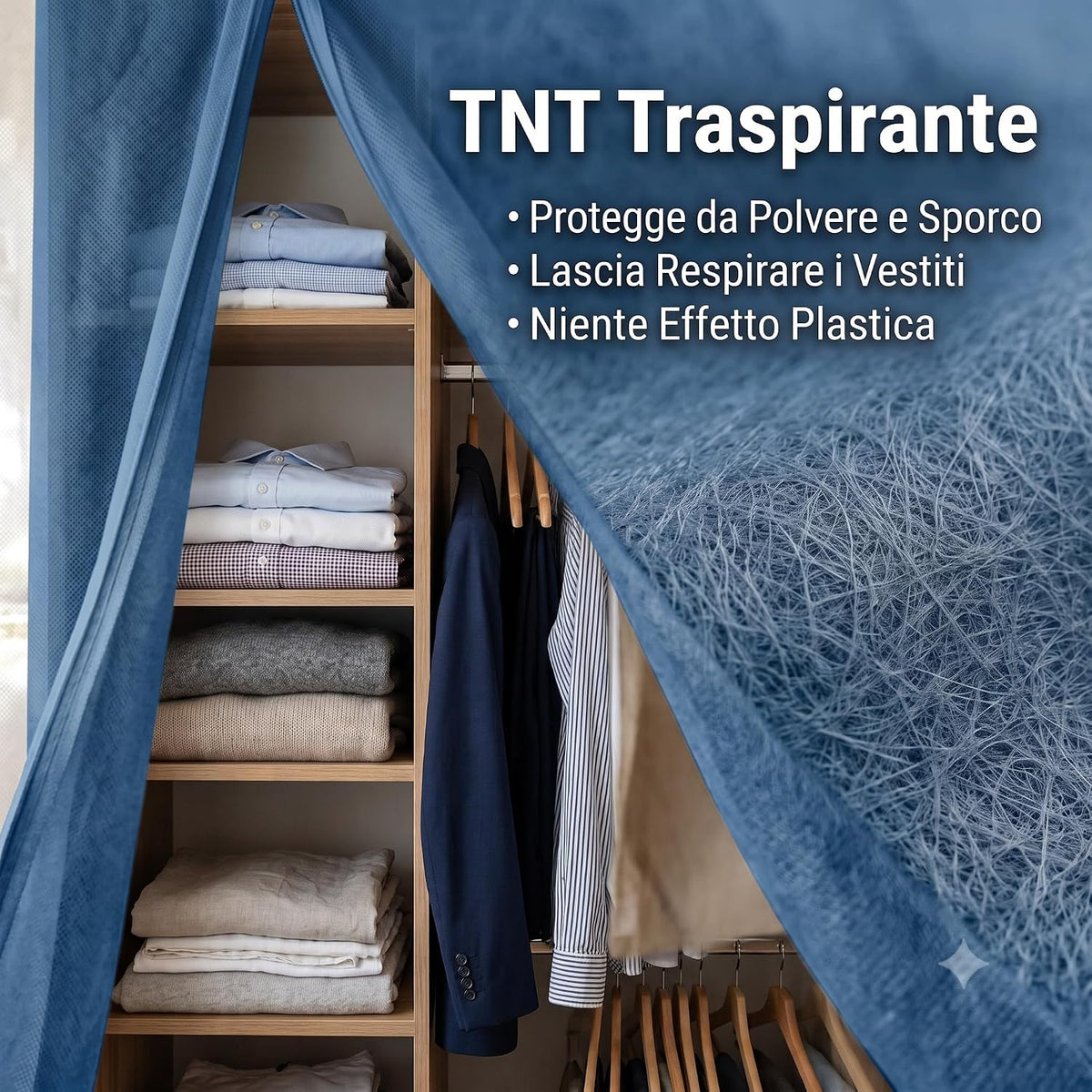 Dettaglio del tessuto TNT traspirante blu dell'armadio guardaroba in tessuto con vestiti protetti da polvere e sporco.