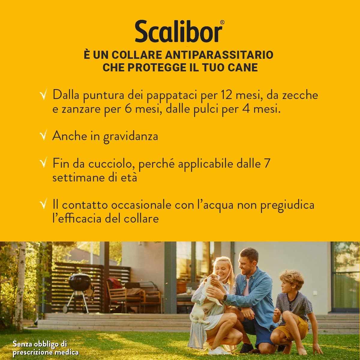 Infografica con i vantaggi del collare Scalibor cani grandi contro pappataci, zecche e pulci.