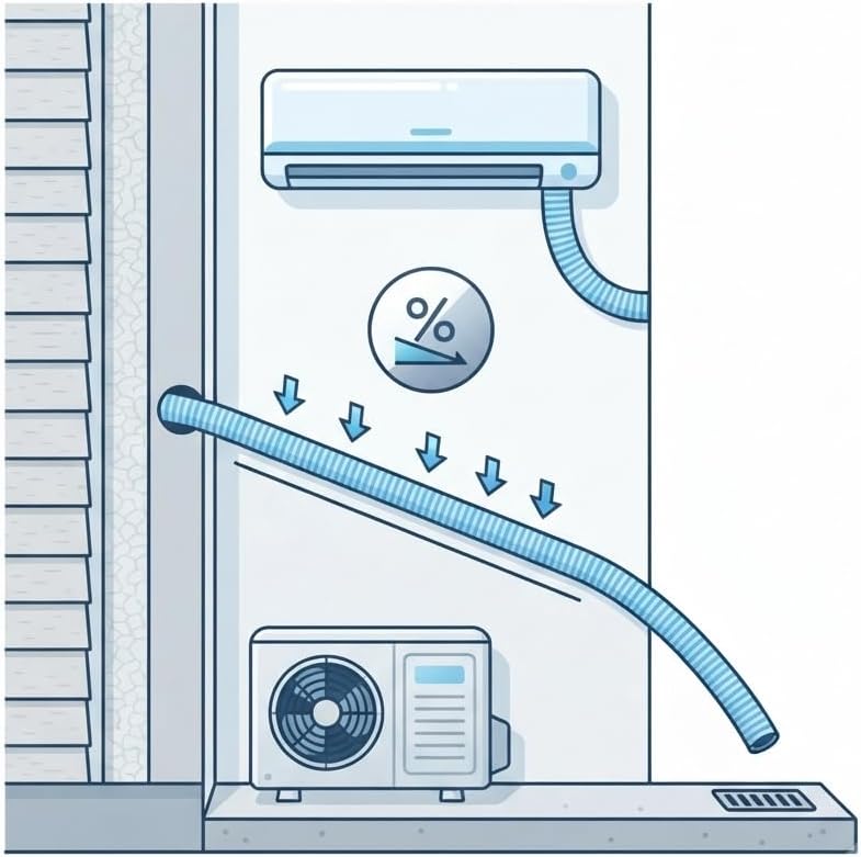 Schema d'installazione con pendenza corretta del tubo scarico condensa condizionatore flessibile per unità interna ed esterna.
