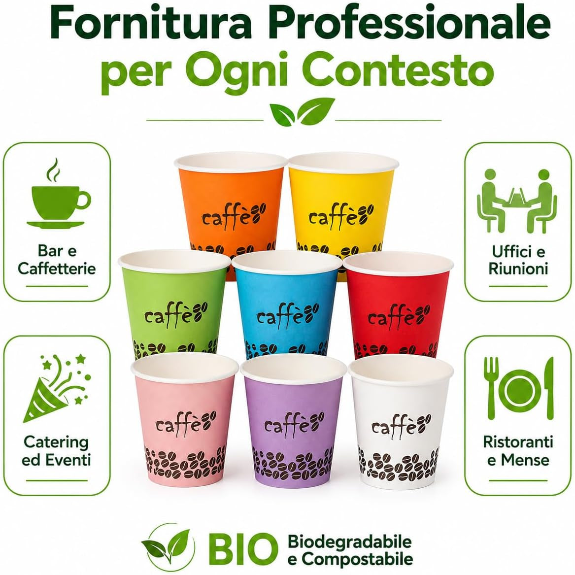 Set di bicchieri caffè biodegradabili colorati per bar, uffici ed eventi, fornitura professionale e compostabile.