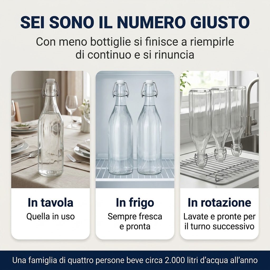 Set di 6 bottiglie per olio vetro scuro Marasca da 1 litro per conservare al meglio l'olio in dispensa.
