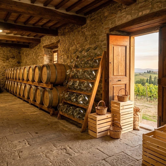 Botti di legno e damigiane pronte per la vendemmia grazie al kit pulizia cantina professionale.