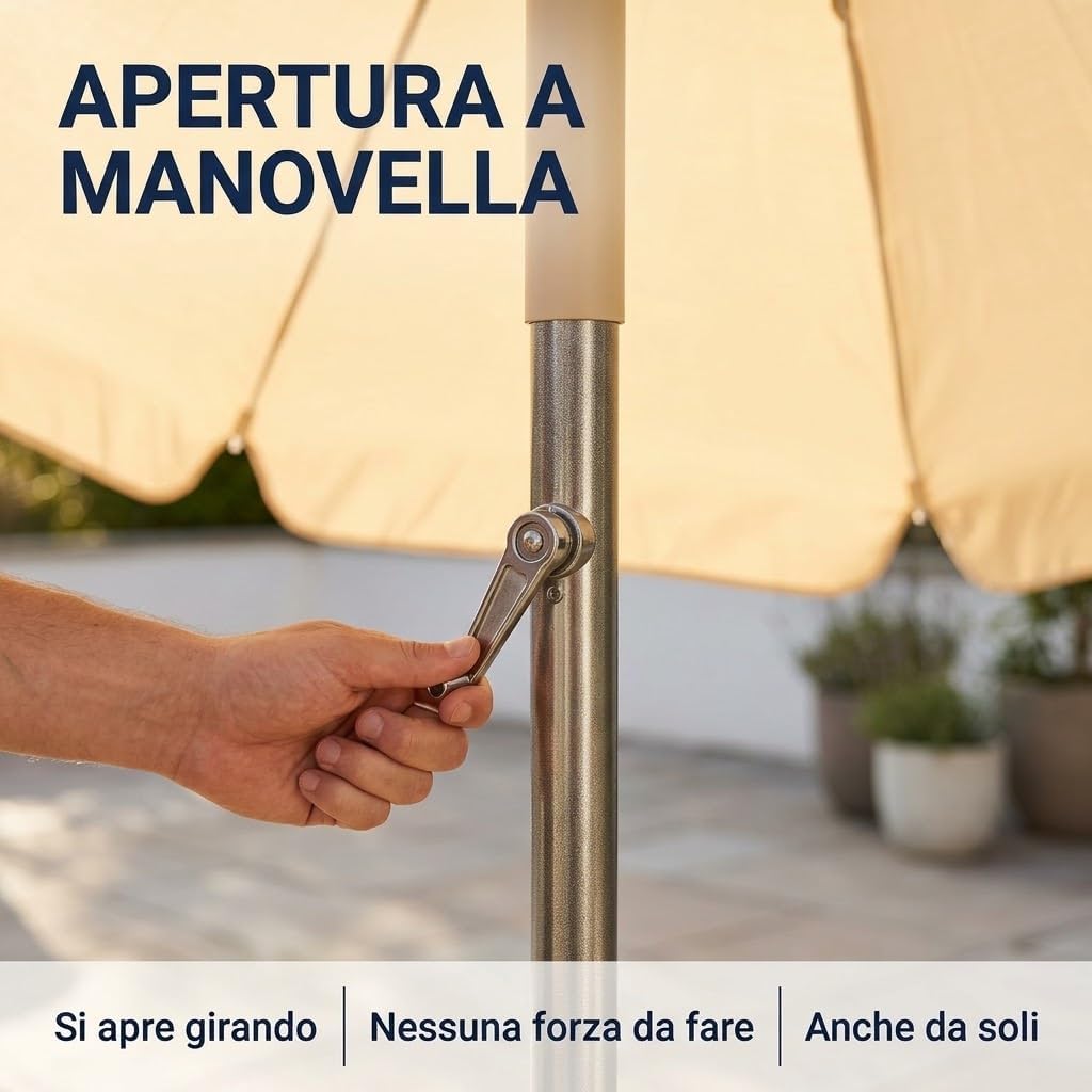 Ombrellone da Giardino Ø 2,5 m con Manovella – Parasole Tondo per Terrazzo e Esterno con Palo in Acciaio Robusto – Apertura Facile – Disponibile in Ecrù Verde e Marrone | Made in Italy - Lemag srl