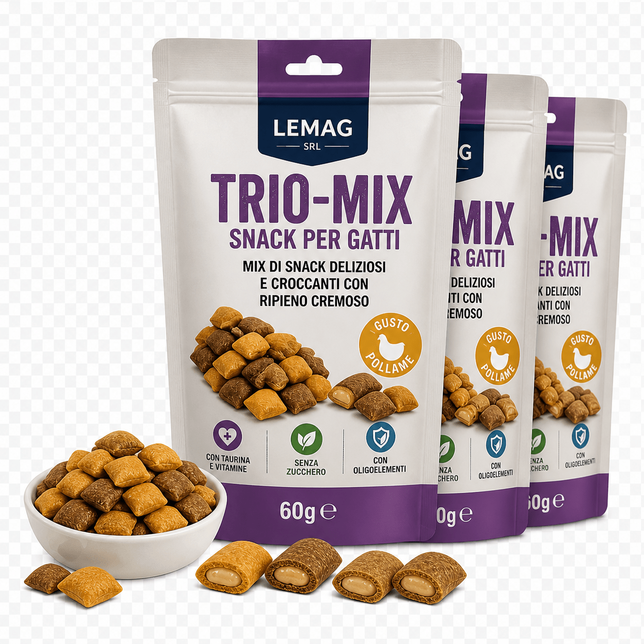Snack per Gatti Trio Mix 60g 3 Confezioni Gusto Pollame Croccanti con Ripieno Cremoso Taurina Vitamine Senza Zucchero - Lemag srl