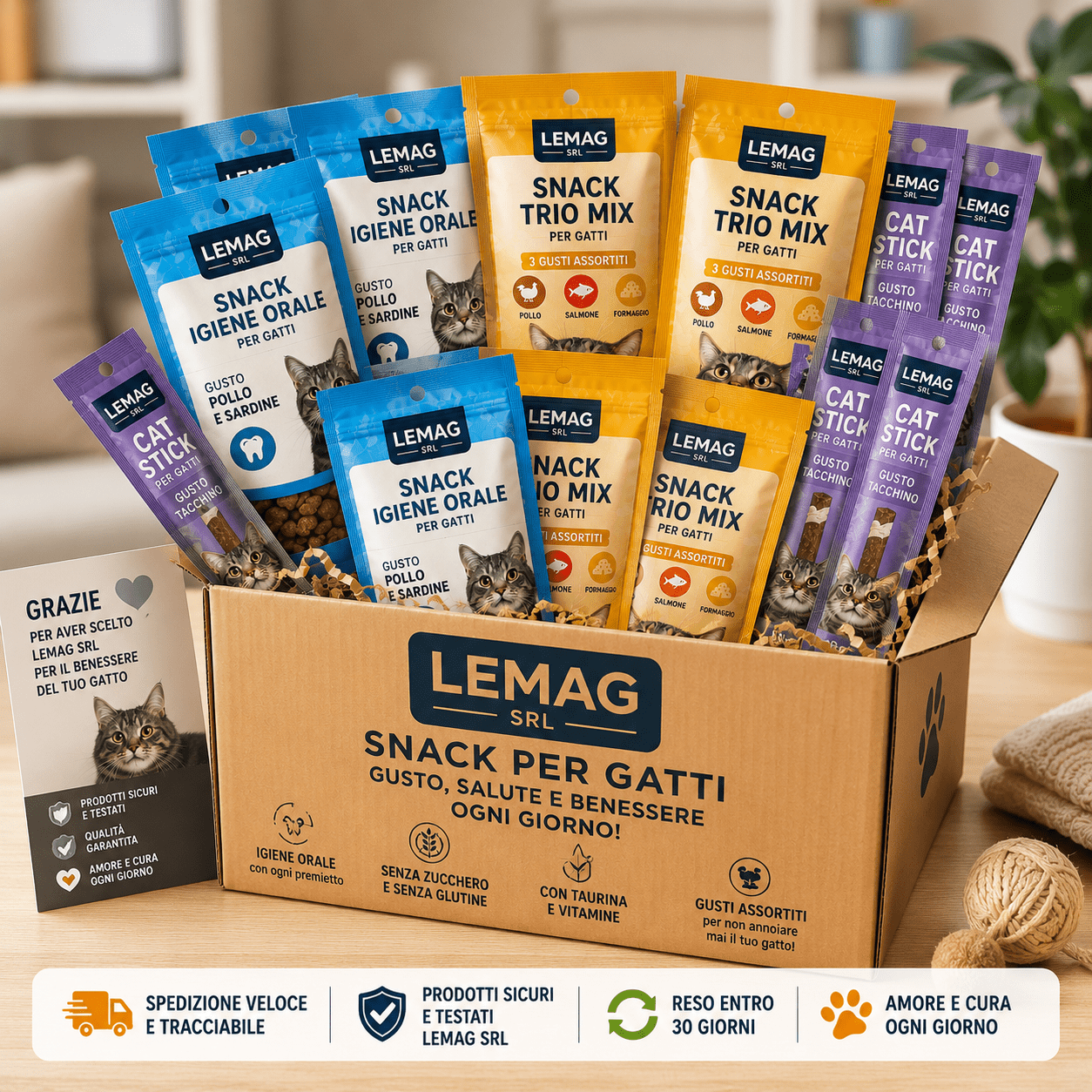 Kit Snack Gatto 9 Confezioni — 3x Igiene Orale 50g + 3x Trio Mix 60g + 3x Cat Stick 18g Naturale Senza Zucchero LEMAG - Lemag srl