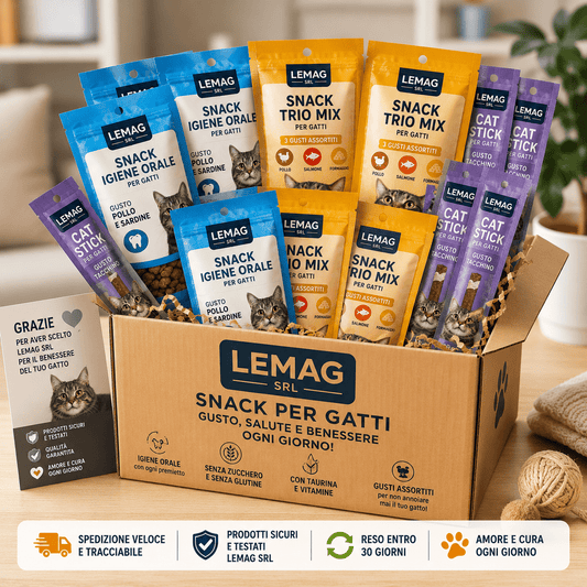 Kit Snack Gatto 9 Confezioni — 3x Igiene Orale 50g + 3x Trio Mix 60g + 3x Cat Stick 18g Naturale Senza Zucchero LEMAG - Lemag srl