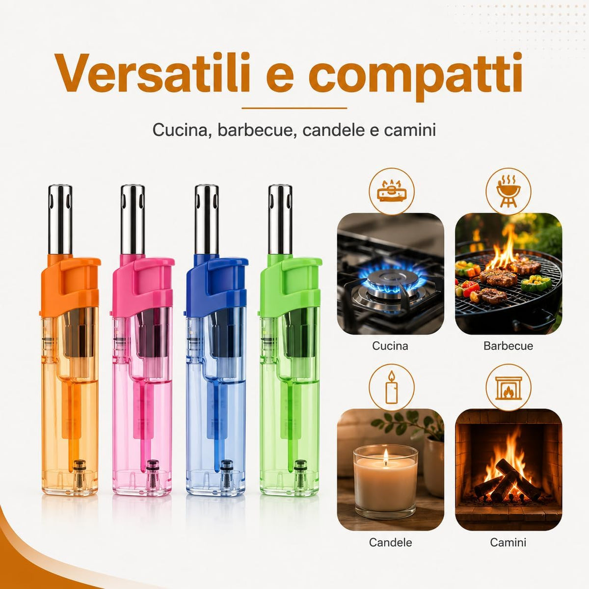 Set 4 accendigas corti ricaricabili con corpo trasparente multicolore – vista laterale