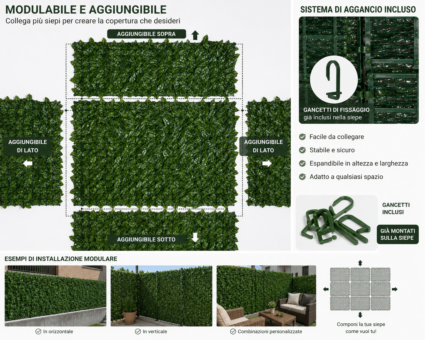 Siepe Artificiale Edera 1x3 m con Rete Ombreggiante PVC Foglie Decorative per Recinzioni Balconi Giardino Privacy Schermo Verde - Lemag srl