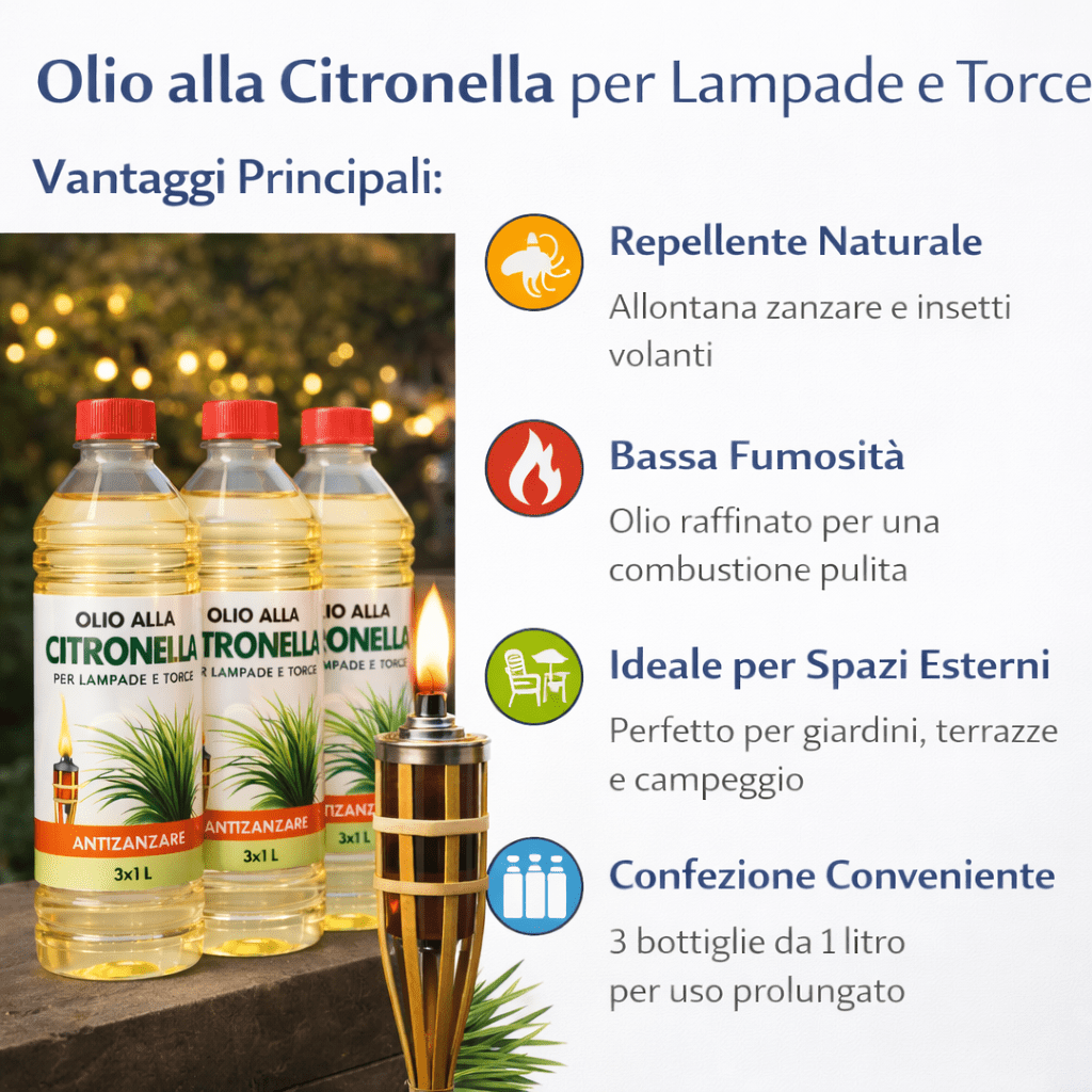 Olio alla Citronella per Lampade e Torce – 3 x 1 Litro – Olio Profumato Antizanzare – Bassa Fumosità – Ideale per Giardino, Terrazzo e Campeggio – LEMAG SRL - Lemag srl