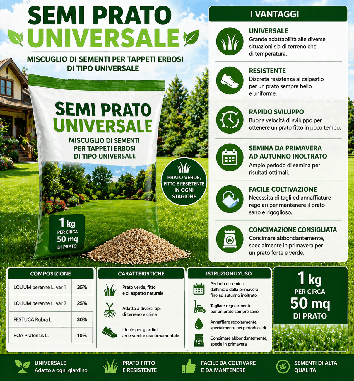 Semi Prato Universale 1 Kg per 50 mq Facile Coltivazione - Lemag srl