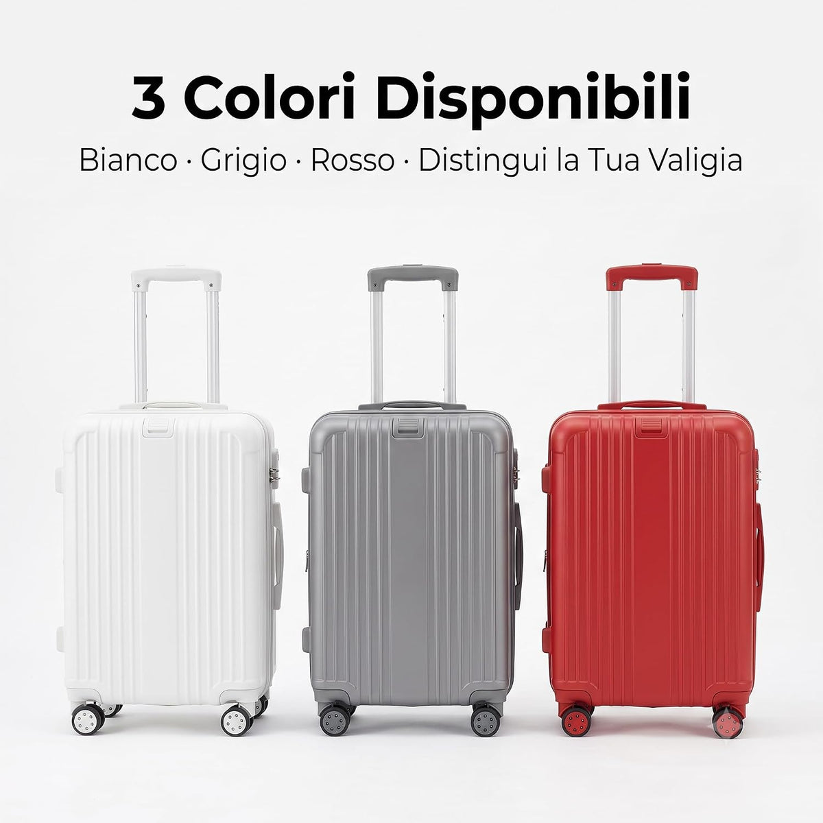 trolley cabina rigido abs Lemag in tre colori disponibili (bianco, grigio e rosso), ideale come bagaglio a mano.