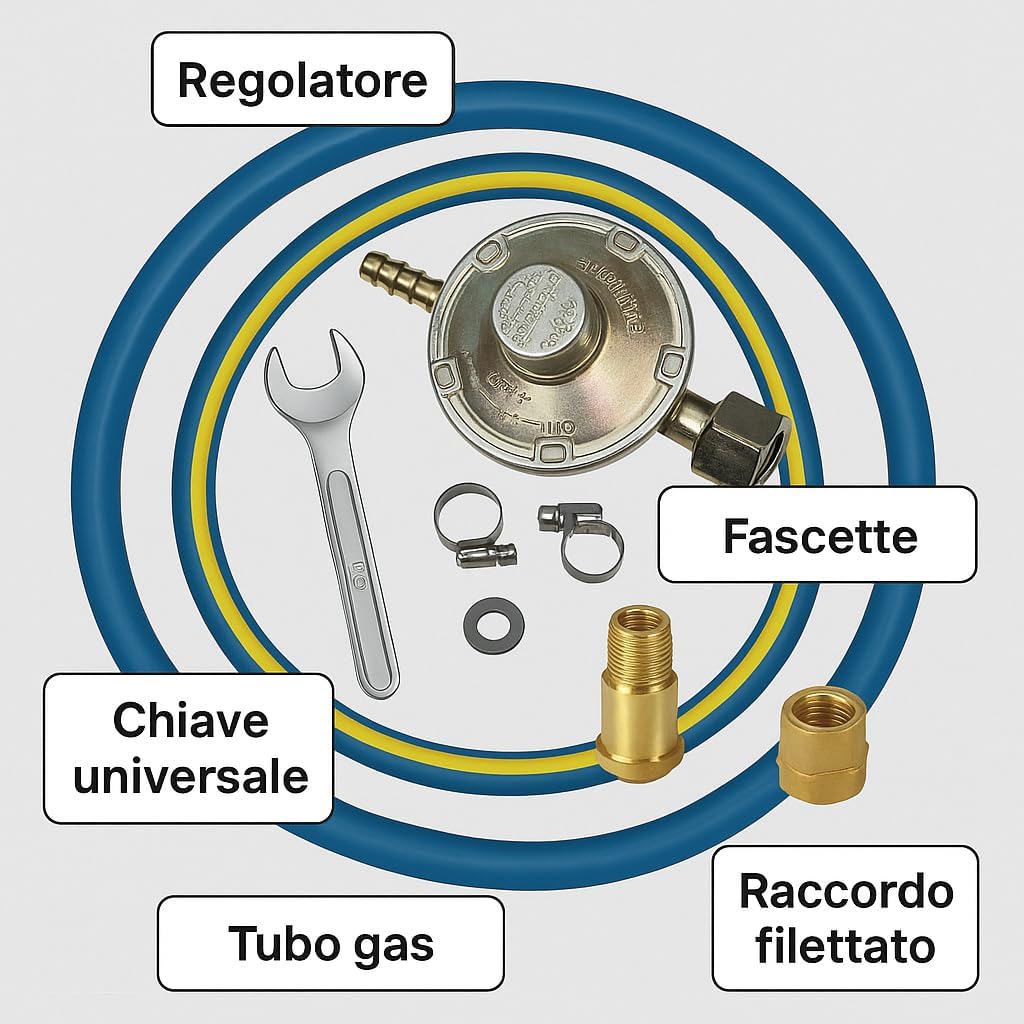 Regolatore Gas GPL 30 mbar Taratura Fissa – Kit Riduttore di Pressione Bassa Pressione per Bombola con Tubo Gas 2 m, 2 Fascette, Chiave Gas e Raccordo – Uso Domestico, Fornello, Barbecue - Lemag srl