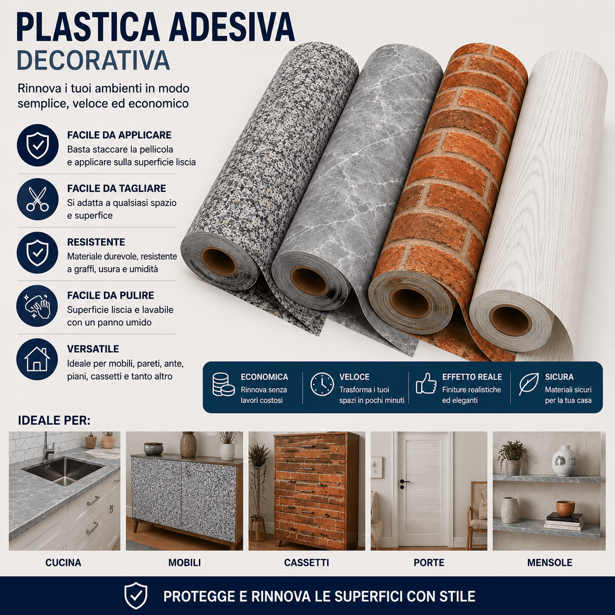 Pellicola Adesiva Decorativa 45 cm x 15 m Rotolo Rivestimento Mobili Pareti 4 Colori Granito Marmo Mattone Frassino - Lemag srl