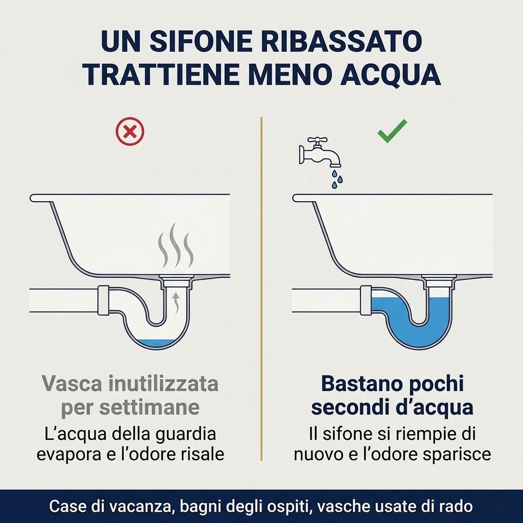 Infografica sul funzionamento del sifone vasca ribassato e prevenzione dei cattivi odori nella vasca da bagno.