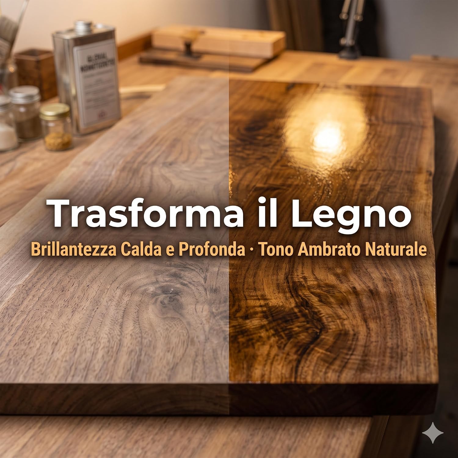 Finitura del legno prima e dopo il restauro con gommalacca in scaglie per una brillantezza ambrata.