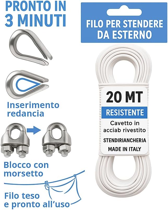Filo Stendibiancheria Acciaio Rivestito 20 m con Moschettoni e Redance – Corda Bucato Esterno Resistente per Balcone e Terrazzo – Made in Italy - Lemag srl