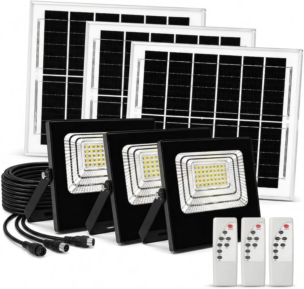 Kit 3 Faretti Solari LED da Esterno 620LM 4000K IP65 – Pannelli Monocristallini 6V 15W, Batteria LiFePO4 10000mAh, Telecomando con Timer 3H/5H/8H, Cavo 5 m, Staffe Incluse, Fari Solari Giardino - Lemag srl