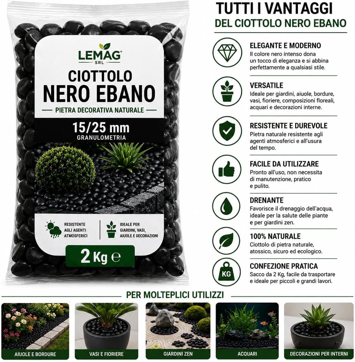iottolo Nero Ebano 15/25 mm in Sacco da 2 kg Pietra Decorativa per Giardino Vasi Aiuole Decorazioni Interno Esterno - Lemag srl