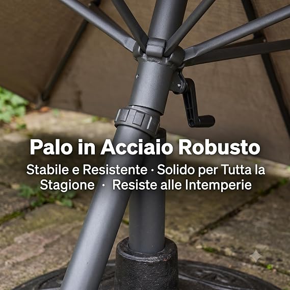 Palo in acciaio robusto e resistente per ombrellone rettangolare 2x3 da giardino, stabile anche in caso di maltempo.
