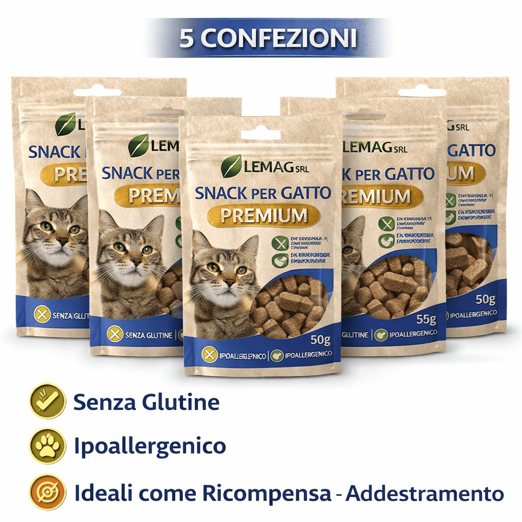 Snack per Gatto Premium 5 Confezioni da 50 g Senza Glutine Ipoallergenico Ricompensa LEMAG SRL - Lemag srl