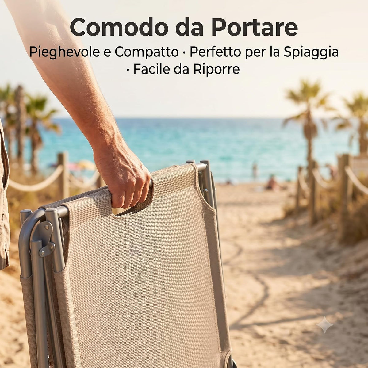 Un set di lettini da mare con parasole in versione pieghevole, comodo da trasportare a mano in spiaggia.