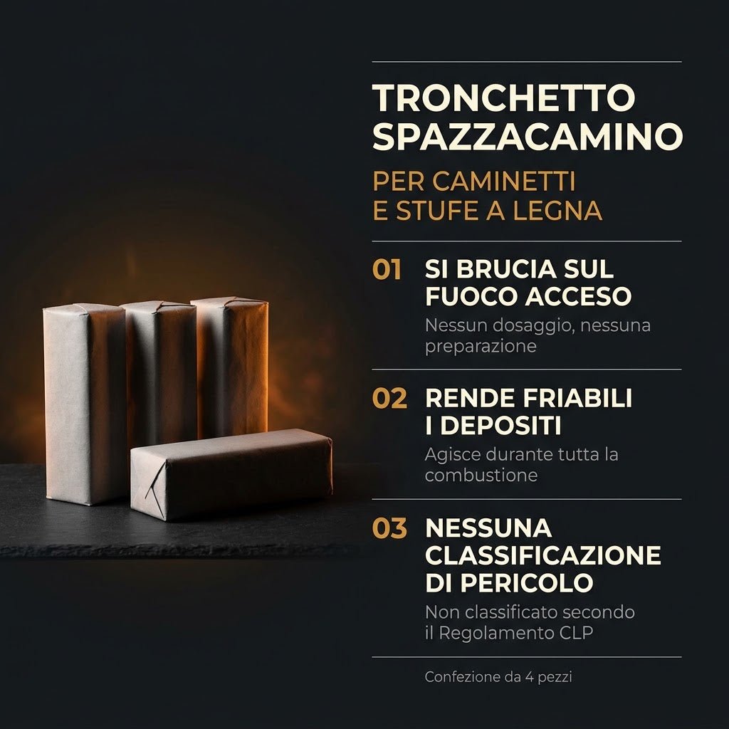 Tronchetto Spazzacamino 4 Pezzi - Si Brucia sul Fuoco Acceso e Rende Friabili i Depositi - Per Caminetti e Stufe a Legna - Combustione 90 Minuti - Lemag srl
