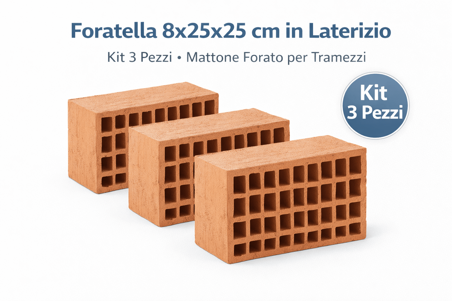 Foratella 8x25x25 cm in Laterizio – Kit 3 Pezzi – Mattone Forato per Tramezzi - Lemag srl
