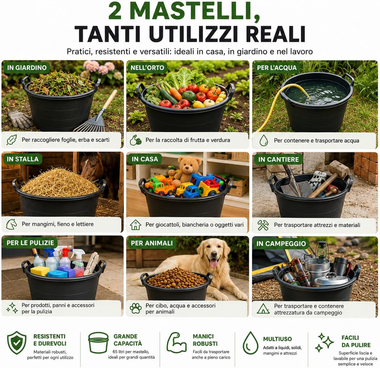 2 Mastelli Agricoli con Manici 65 Lt Ø55x42h - Lemag srl