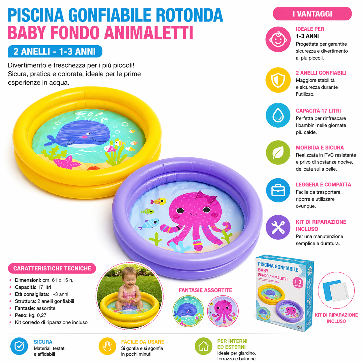 Piscina Baby Gonfiabile Animaletti Ø61x15 cm 2 Anelli - Lemag srl
