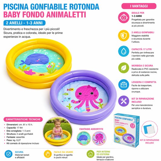 Piscina Baby Gonfiabile Animaletti Ø61x15 cm 2 Anelli - Lemag srl