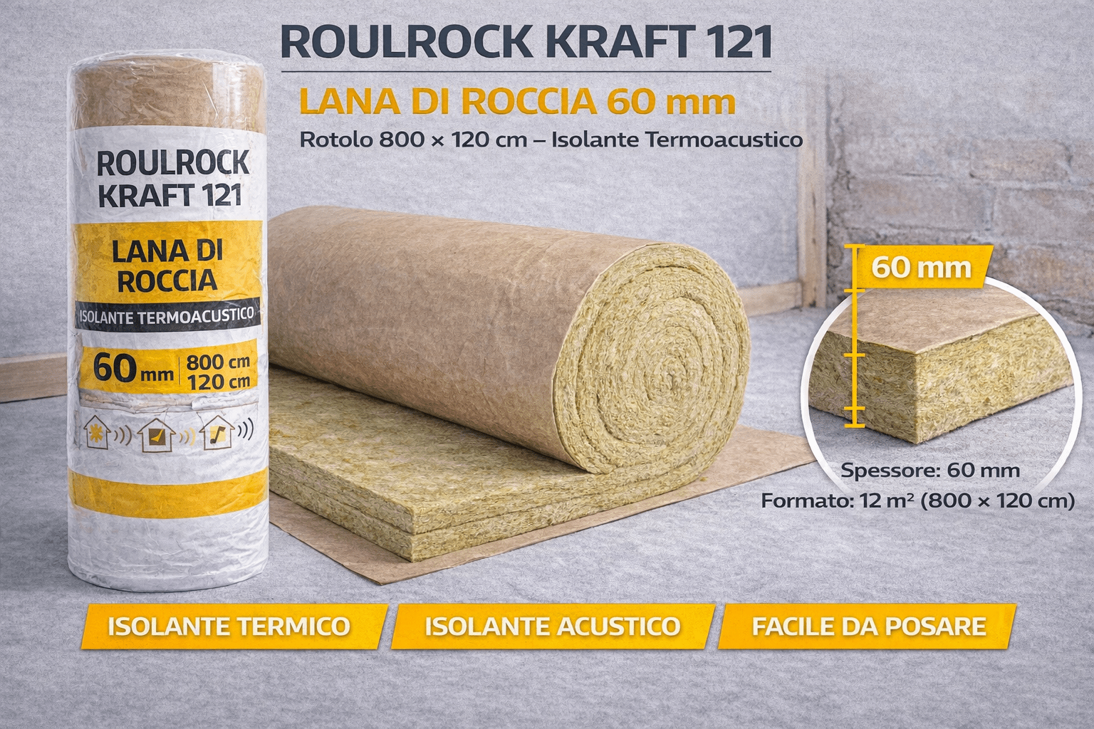 Roulrock Kraft 121 Lana di Roccia 60mm Rotolo 800x120cm Isolante Termoacustico - Lemag srl