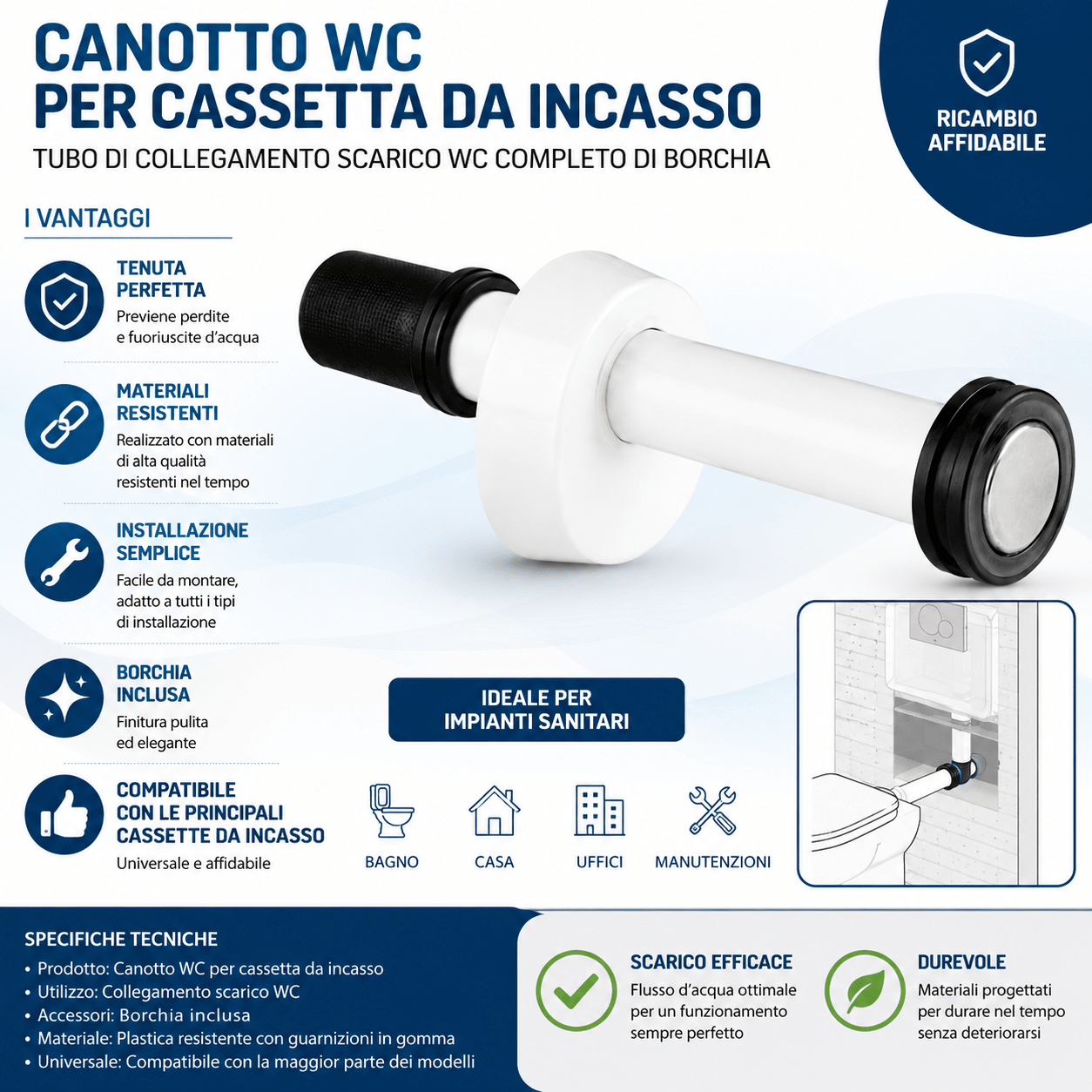 Canotto WC per Cassetta da Incasso – Tubo di Collegamento Scarico WC Completo di Borchia – Ricambio per Impianti Sanitari - Lemag srl