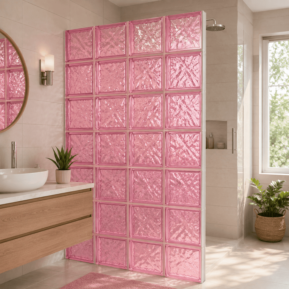 Parete divisoria per doccia moderna in bagno realizzata con vetromattone rosa ondulato.