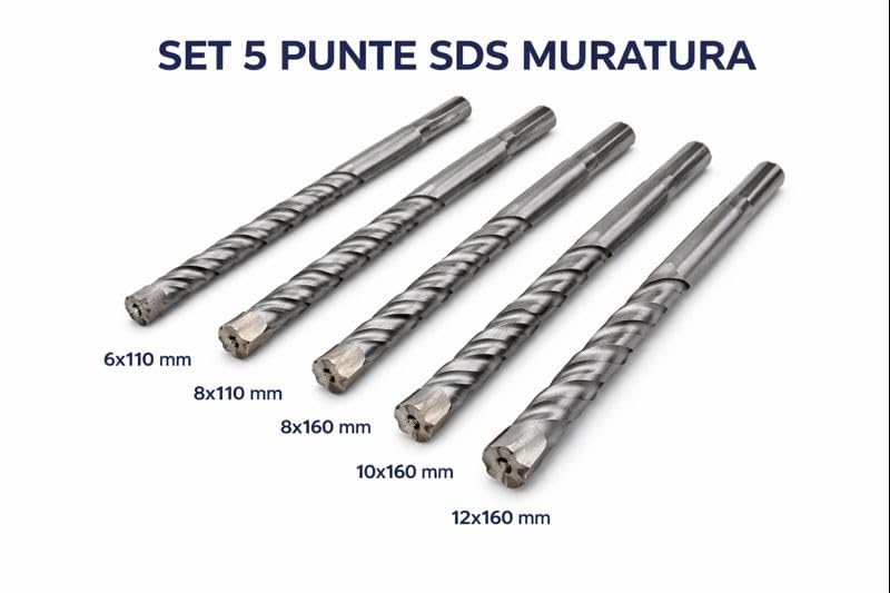 Set 5 Punte Trapano SDS per Muratura Misure 6x110 8x110 8x160 10x160 12x160 mm per Cemento Laterizio Pietra Punta in Metallo Duro - Lemag srl