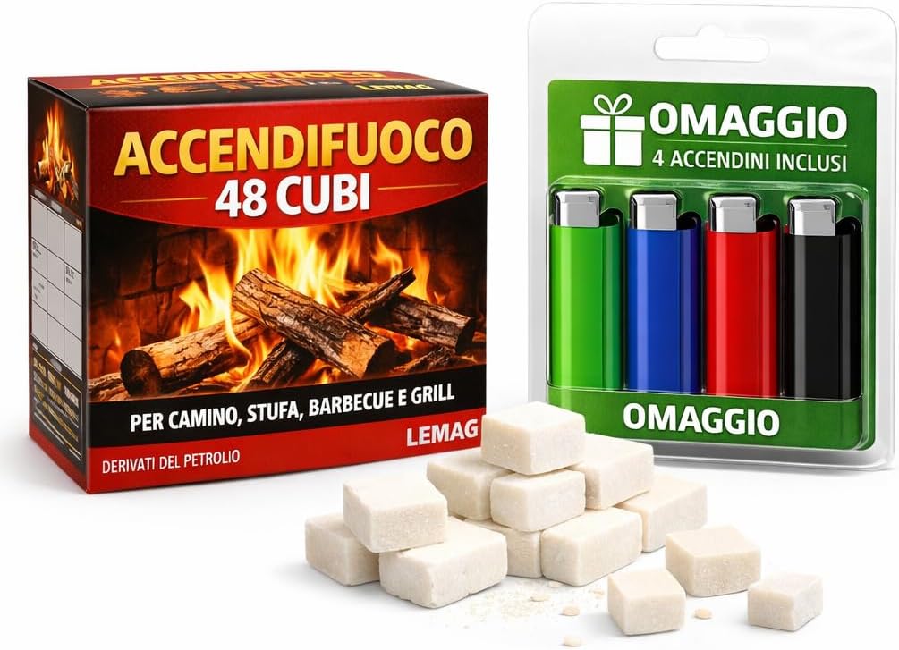 Accendifuoco 48 Cubi per Camino, Stufa e Barbecue + 4 Accendini - Lemag srl