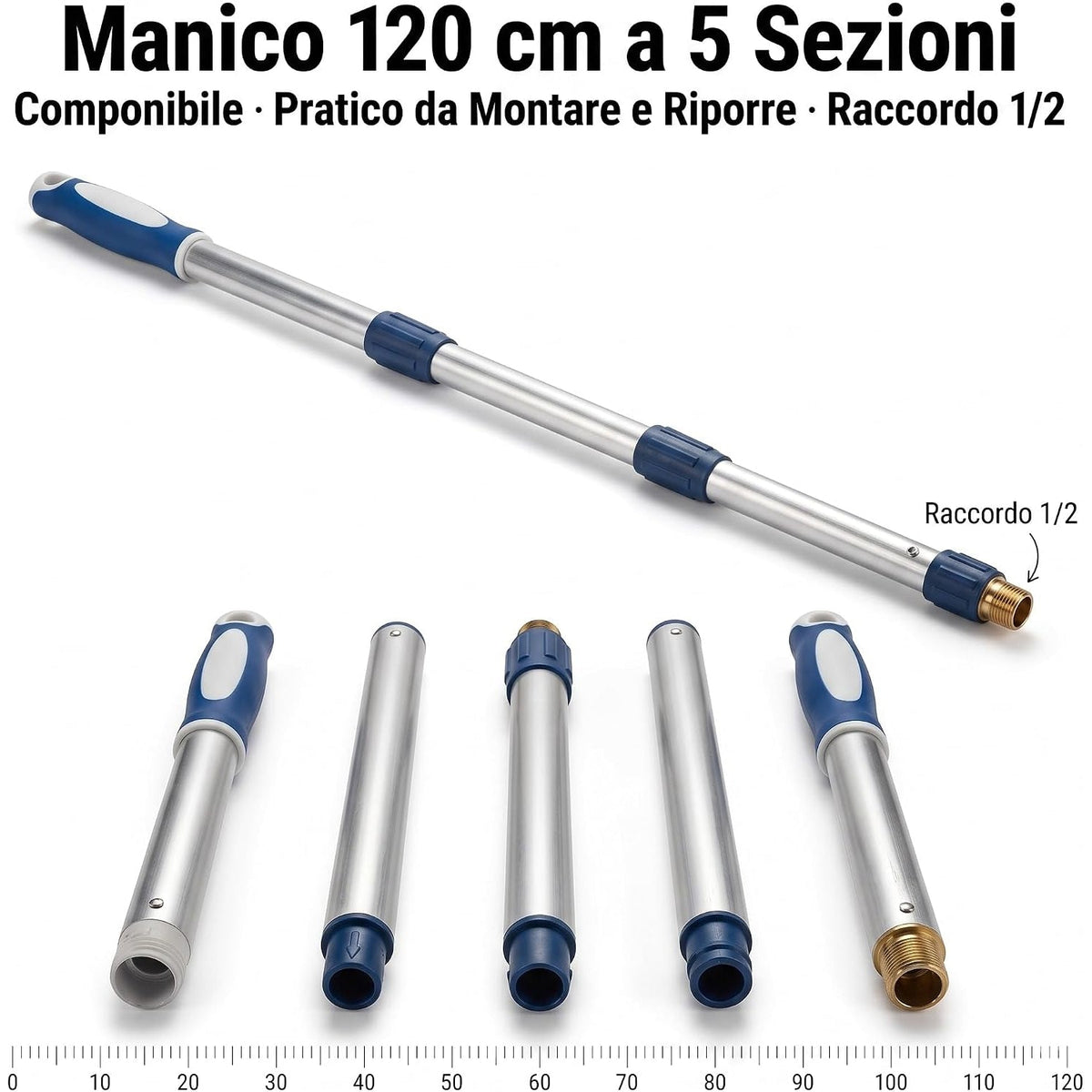 Manico componibile da 120 cm in 5 sezioni per scopa aspirante piscina venturi con raccordo.