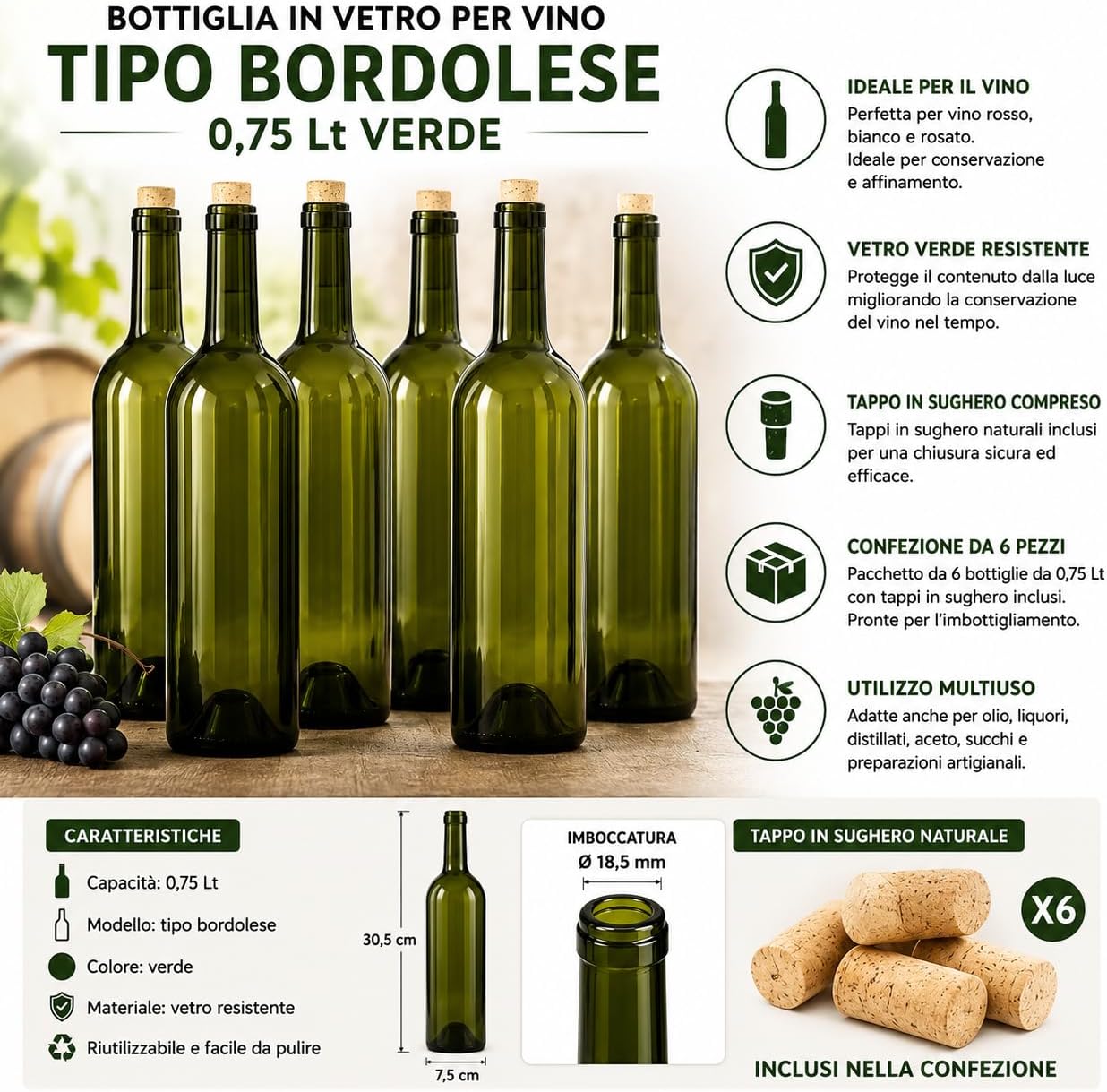 Bottiglia in Vetro per Vino Tipo Bordolese 0,75 Lt Verde con Tappo in Sughero Confezione 6 Bottiglie per Imbottigliamento Vino - Lemag srl