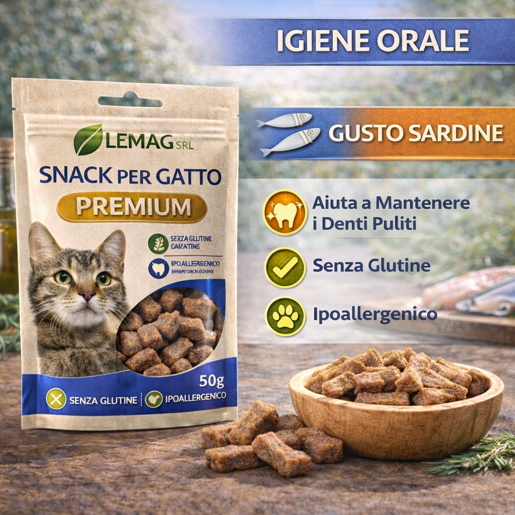 Snack per Gatto Premium 5 Confezioni da 50 g Senza Glutine Ipoallergenico Ricompensa LEMAG SRL - Lemag srl
