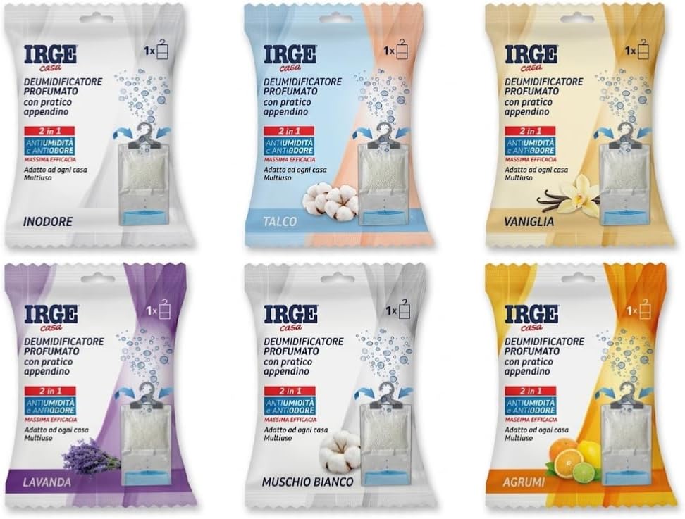 Set 6 Deumidificatori da Armadio con Appendino 500 ml - Sei Fragranze fra cui Inodore - Contro Umidita e Odore di Chiuso - Non Occupa Spazio sui Ripiani - Lemag srl