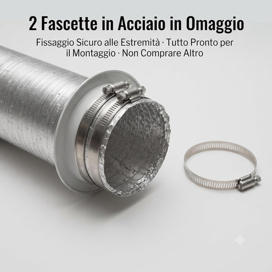 Tubo Estensibile Flessibile per Aerazione con 2 Fascette in Acciaio in Omaggio – Tubo Flessibile per Cappe Aeratori e Ventilazione da 80 a 300 cm – Vari Diametri – per Aspirazione e Sfiato - Lemag srl