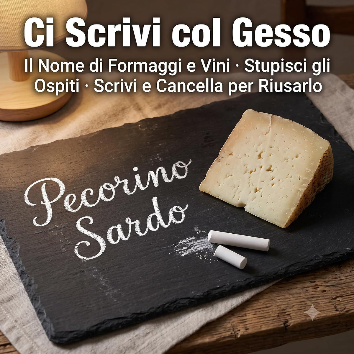 Dettaglio di uno dei vassoi effetto lavagna con un pezzo di pecorino sardo e scritta col gesso.
