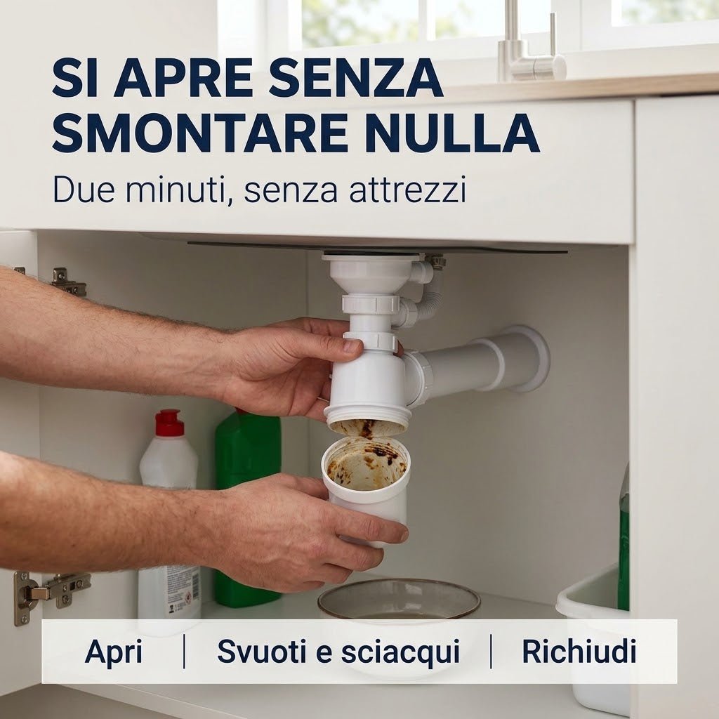 Pulizia facile senza attrezzi del sifone salvaspazio 2 vasche ispezionabile sotto il lavello della cucina.