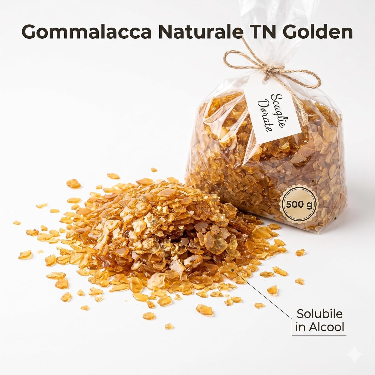 Gommalacca in scaglie dorata da 500 g per restauro legno, resina naturale solubile in alcool per liuteria e falegnameria.