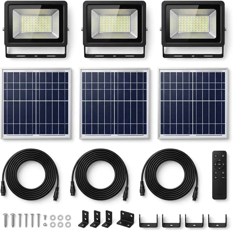 Kit 3 Faretti Solari LED da Esterno 620LM 4000K IP65 – Pannelli Monocristallini 6V 15W, Batteria LiFePO4 10000mAh, Telecomando con Timer 3H/5H/8H, Cavo 5 m, Staffe Incluse, Fari Solari Giardino - Lemag srl