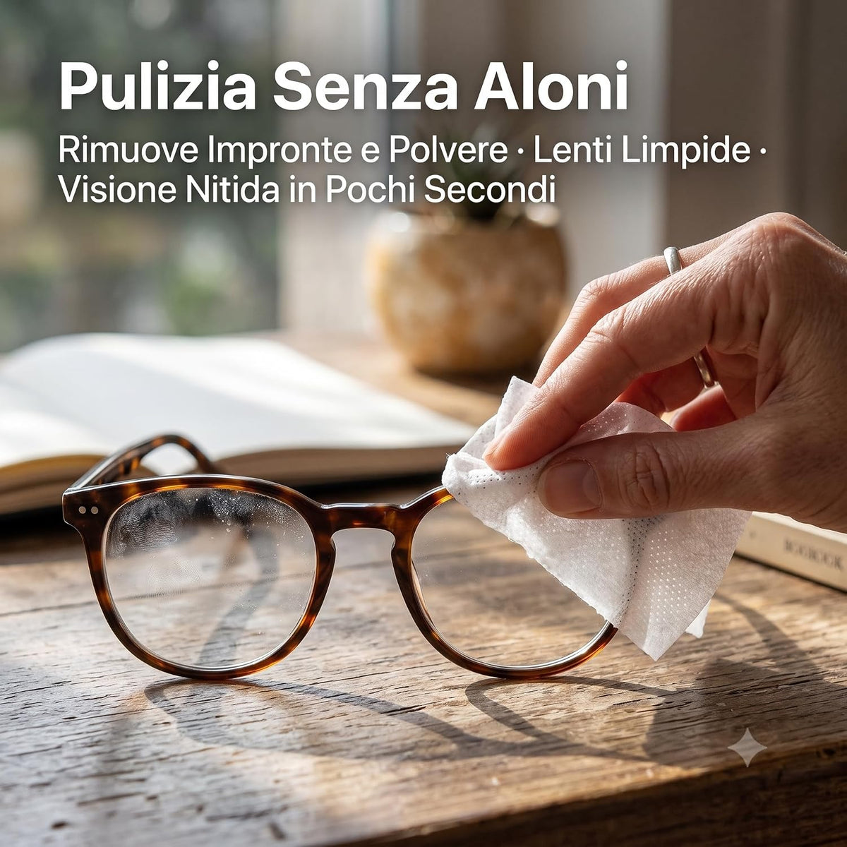 Mano che pulisce le lenti con salviette umidificate per occhiali per rimuovere polvere e impronte senza lasciare aloni.