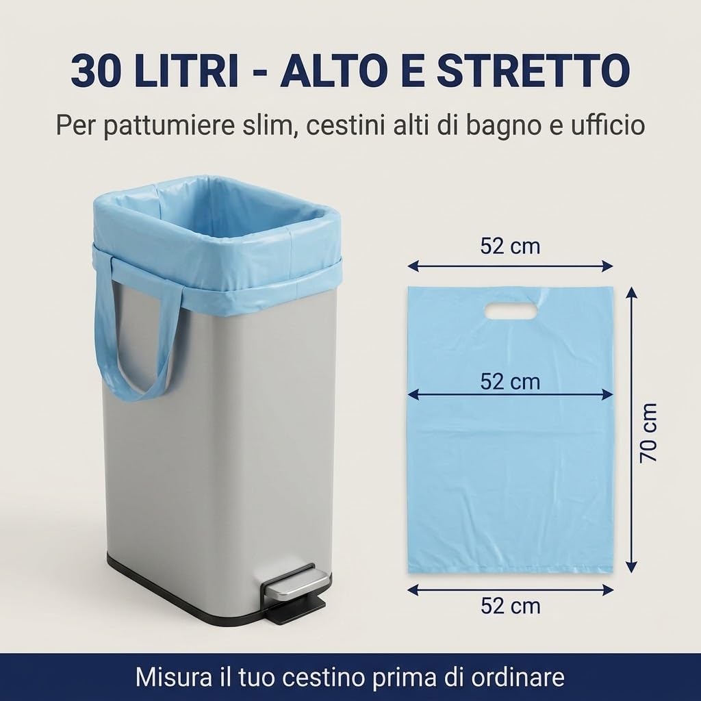 Lemag Sacchi Spazzatura Profumati con Maniglie 52x70 cm 30 Litri Celeste - 120 Pezzi in 8 Rotoli - Sacchetti Immondizia Brezza Marina per Pattumiera, Bagno, Cucina e Ufficio - Lemag srl