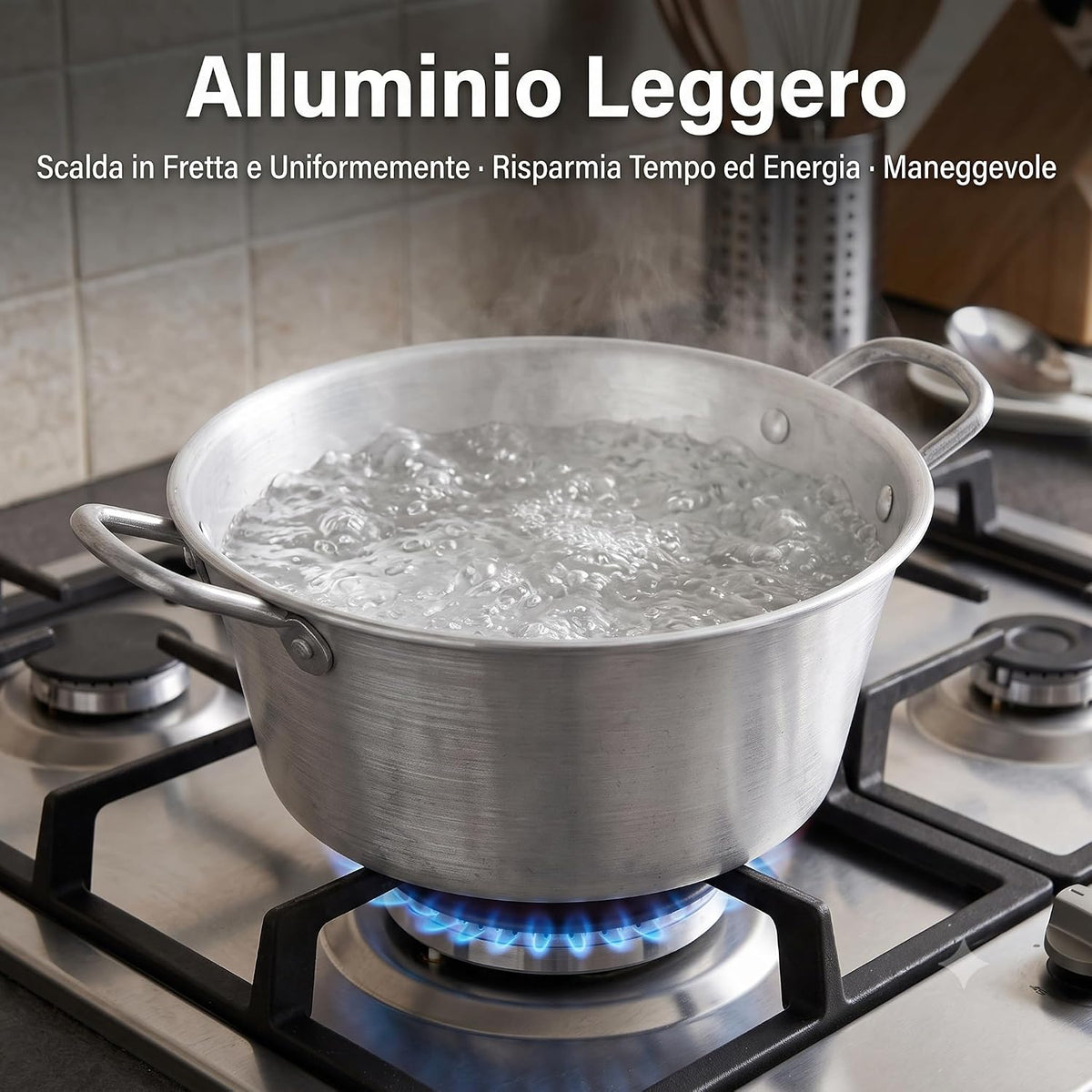 Set di caldaie in alluminio leggere sul fornello a gas con acqua che bolle per la cottura uniforme.