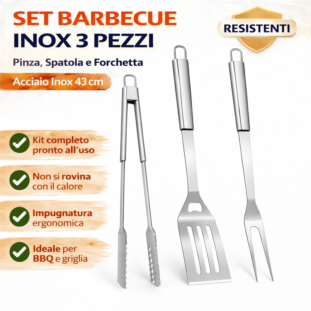 Set Barbecue Inox 3 Pezzi 43 cm Pinza Spatola Forchetta Acciaio Cardinale - Lemag srl