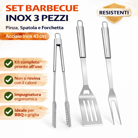 Set Barbecue Inox 3 Pezzi 43 cm Pinza Spatola Forchetta Acciaio Cardinale - Lemag srl